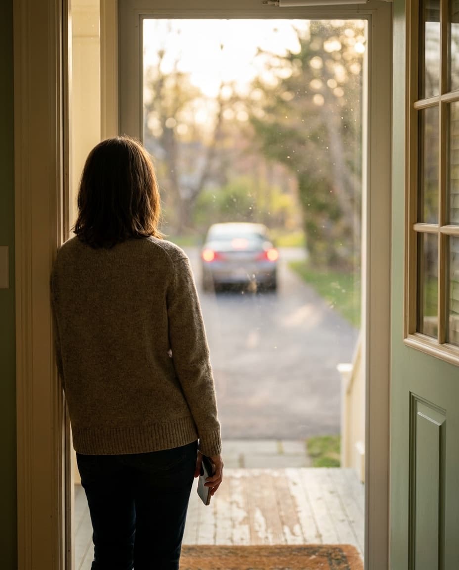 A parent stands in an open doorway at golden hour, phone in hand, watching a car pull away down the driveway.