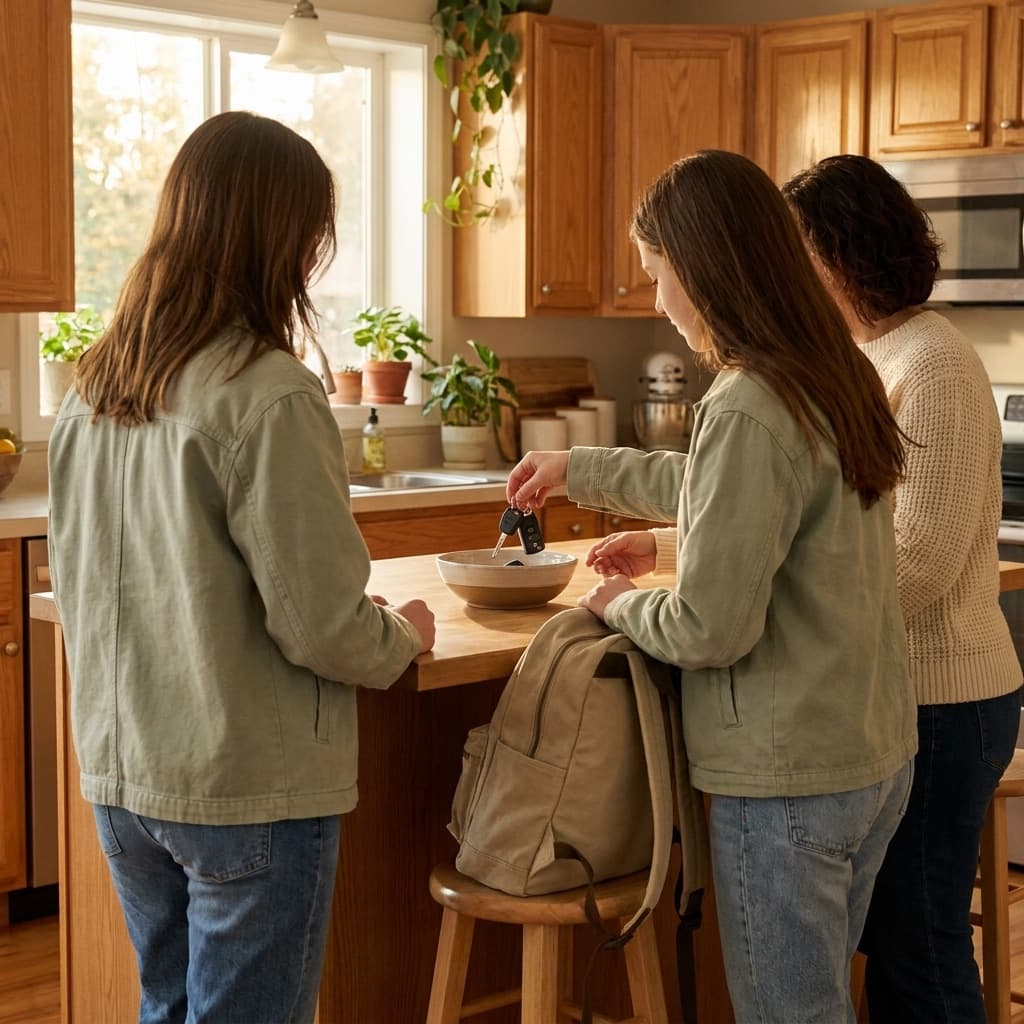 A family gathered around a kitchen island in afternoon light, one of them picking up car keys from a bowl.