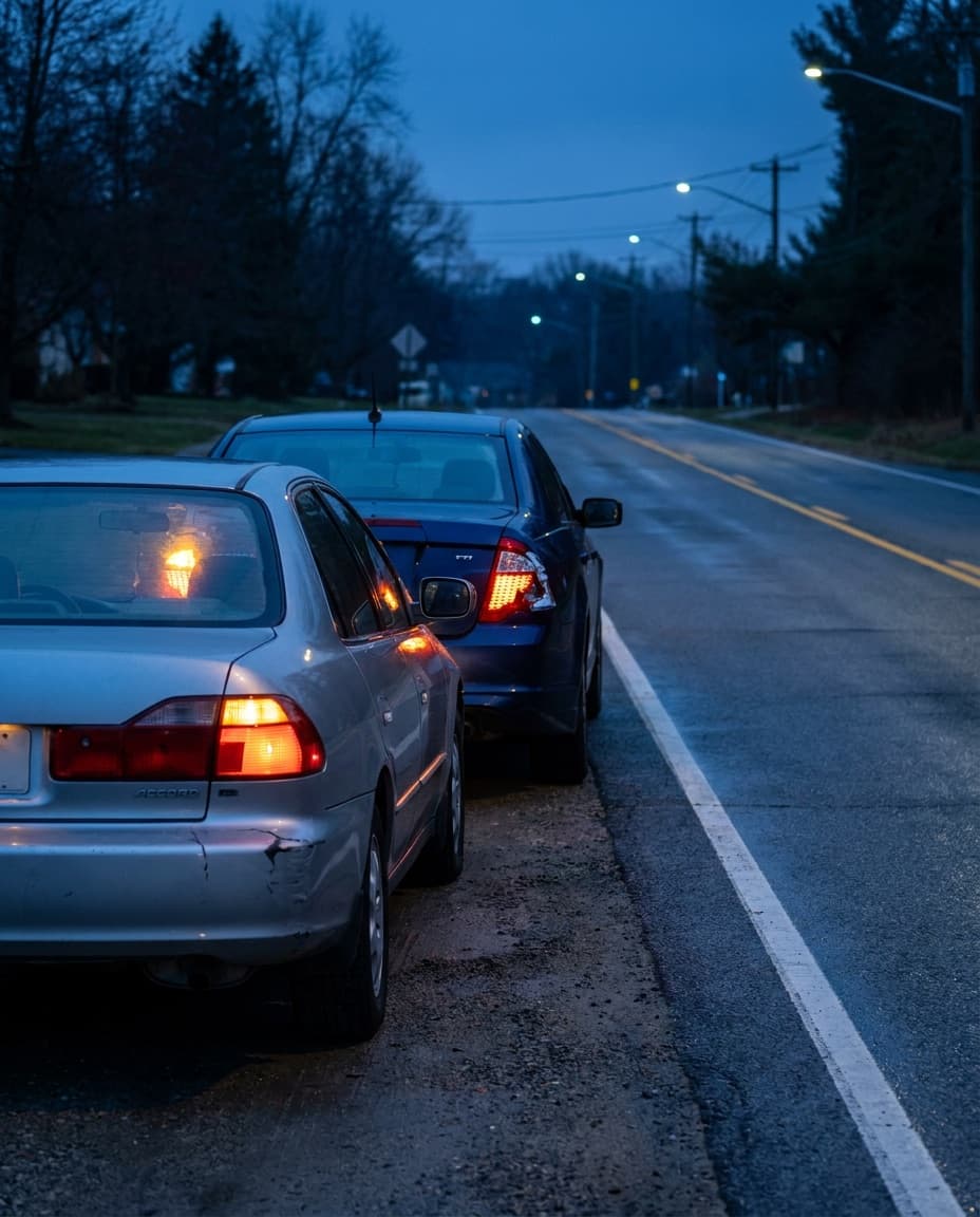 Two cars stopped on the shoulder of a quiet road at dusk with hazard lights on after a minor collision, and the AngelDrive check-in asking whether you are safe.